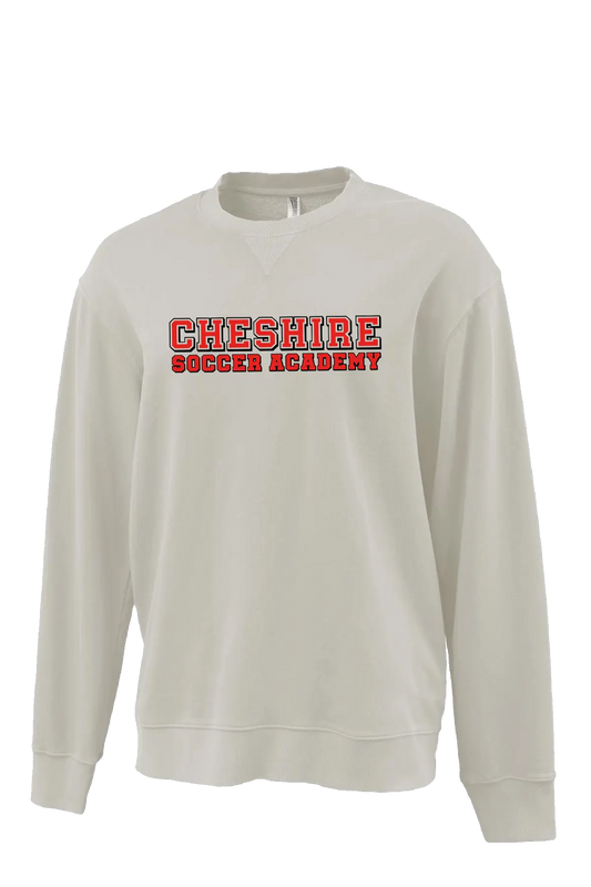 Beige sweatshirt with 'Cheshire Soccer Academy' text on a white background. Paper Street Print Co, Blairstown, NJ.