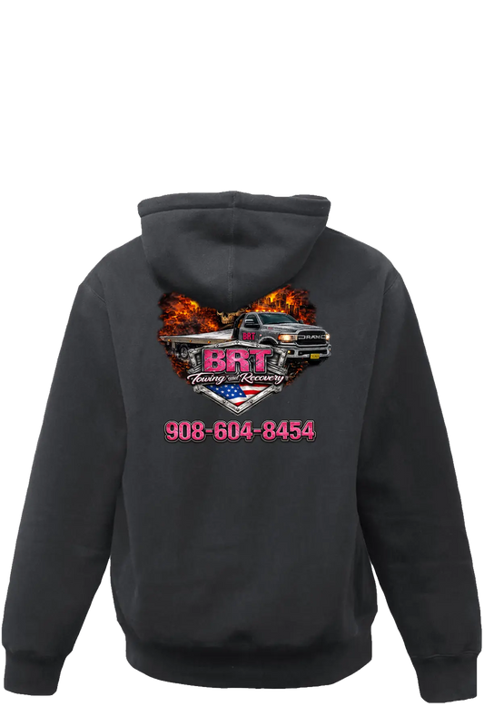 Black hoodie with a colorful graphic and text on the back, on a white background. BRT Towing and Recovery, Paper Street Print Co, Blairstown, NJ.