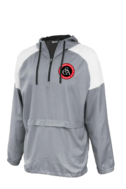 Gray and white pullover with a logo on a white background. Paper Street Print Co, Blairstown, NJ.