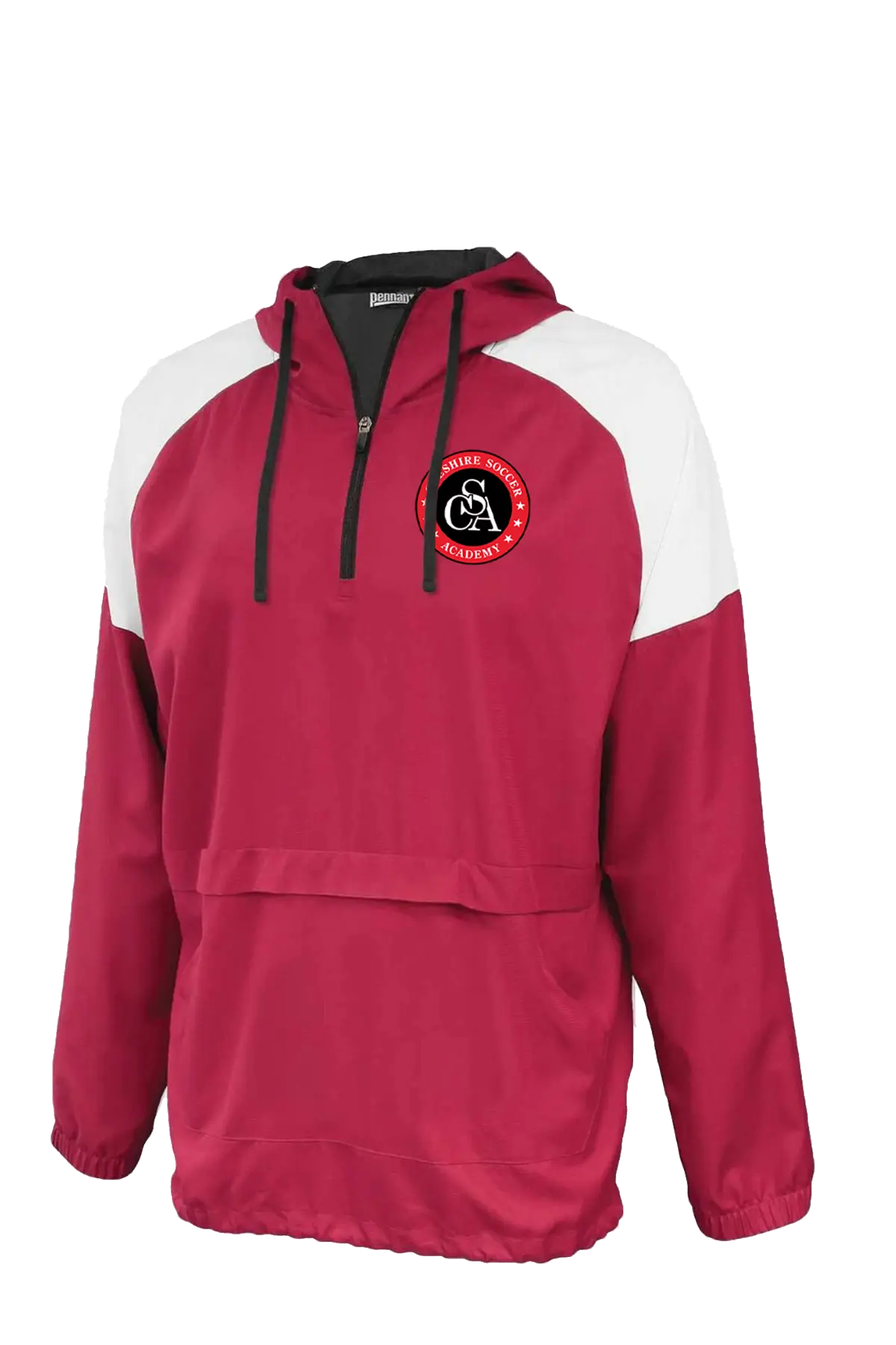 Red and white pullover with a logo on a white background. Paper Street Print Co, Blairstown, NJ.
