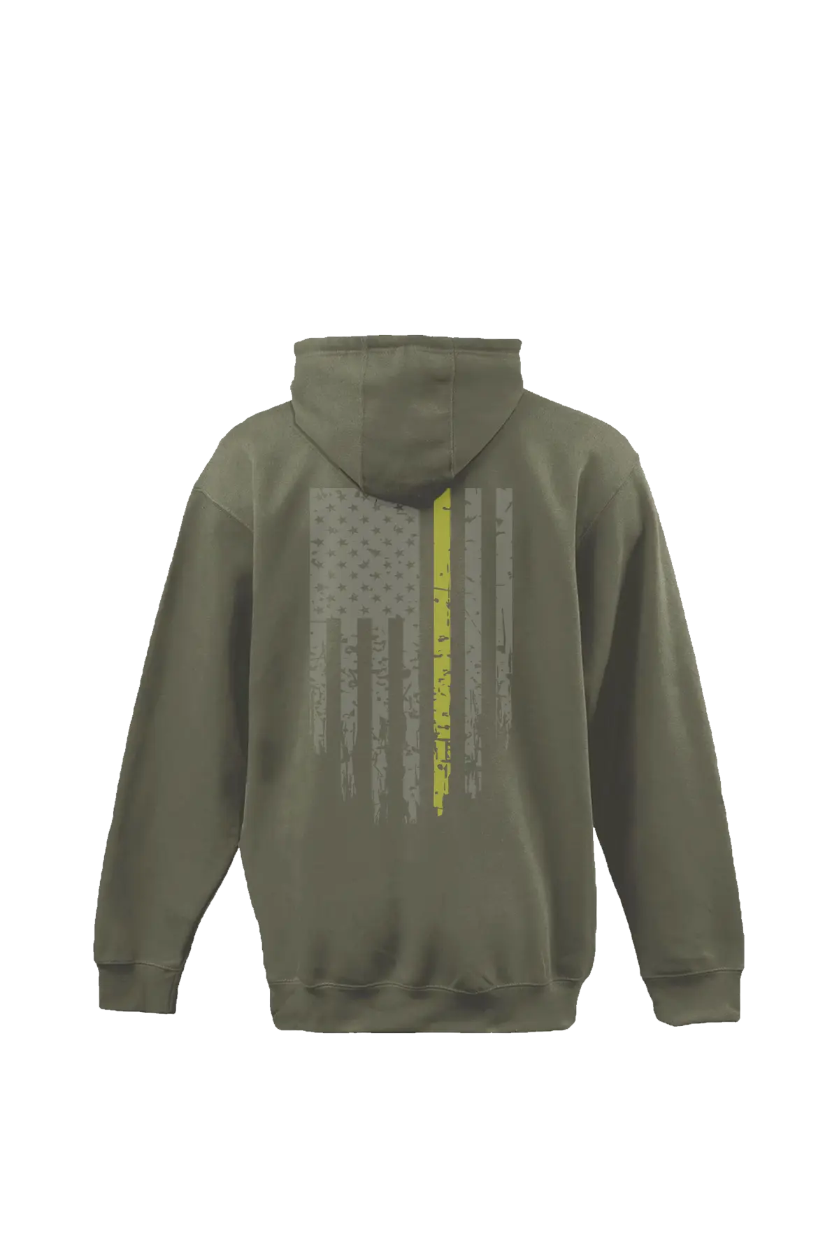 Green hoodie with a flag design on the back against a white background. Paper Street Print Co, Blairstown, NJ.