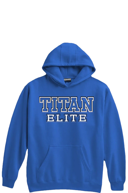 Blue hoodie with 'TITAN ELITE' text on a white background. Paper Street Print Co, Blairstown, NJ.