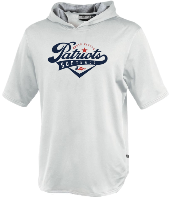 A youth short sleeve hoodie with a hood, featuring a logo that reads 'Patriots Softball' on the front. Paper Street Print Co, Blairstown, NJ