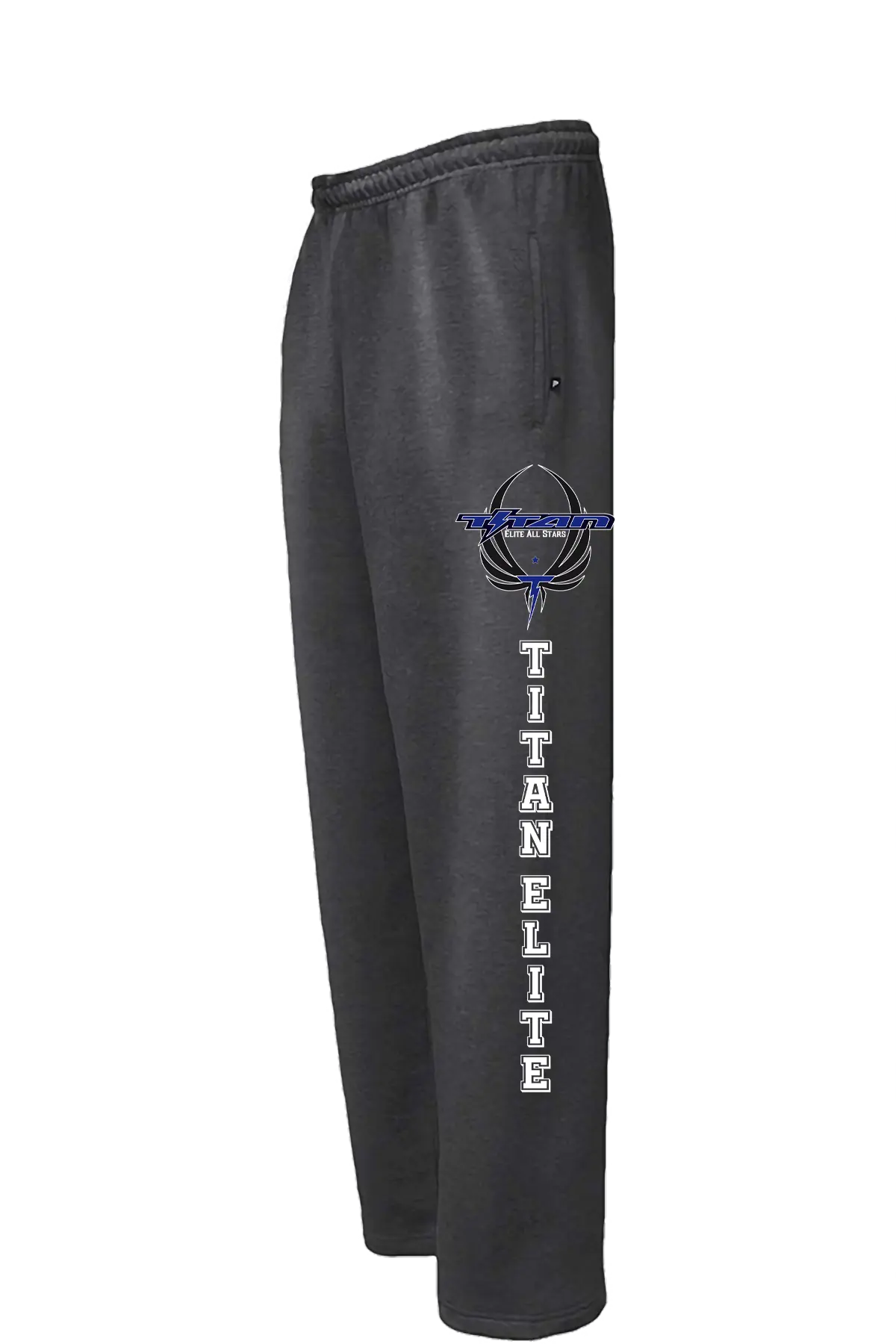 Dark gray sweatpants with 'Titan Elite' logo on a white background. Paper Street Print Co, Blairstown, NJ.