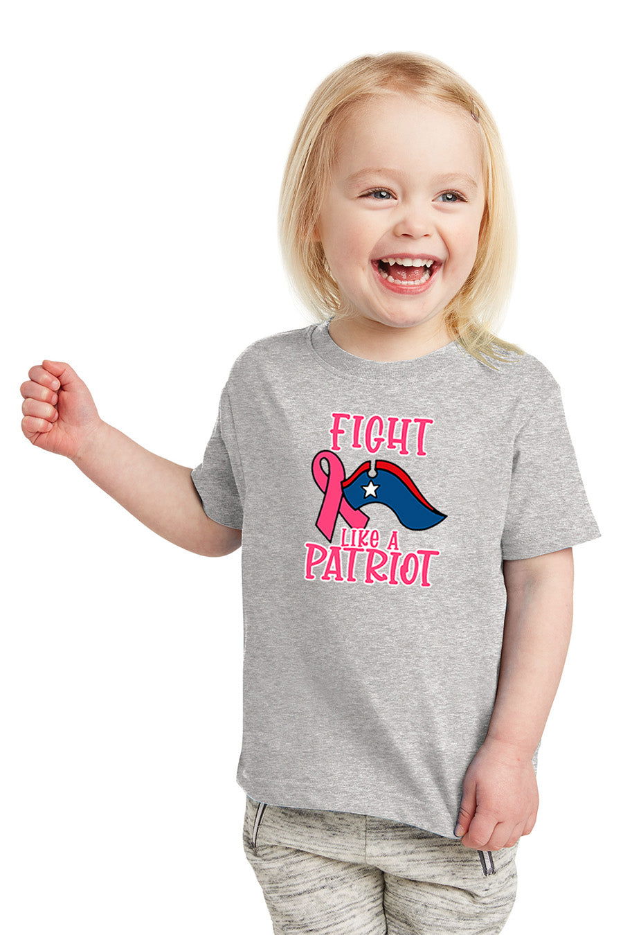 Child wearing a gray t-shirt with a pink and blue graphic and text on a white background. Paper Street Print Co, Blairstown, NJ.