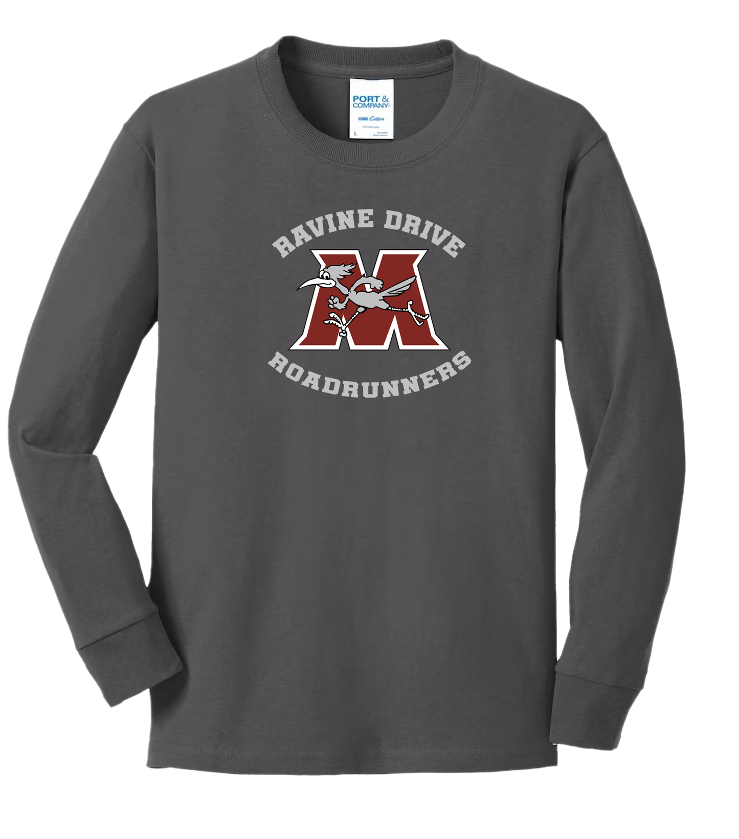 Ravine Drive Roadrunners Youth Long Sleeve Tee Shirt Charcoal Gray