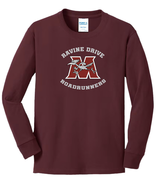 Ravine Drive Roadrunners Youth Long Sleeve Tee Shirt Maroon