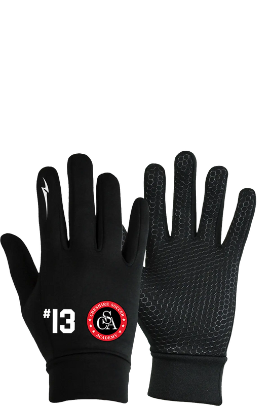 Black gloves with a red and white logo on a white background. Paper Street Print Co, Blairstown, NJ.