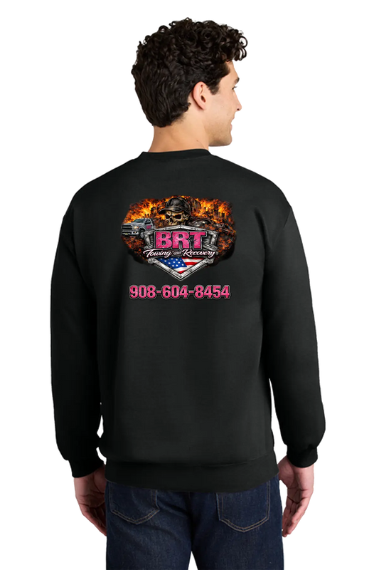 Person wearing a black sweatshirt with a graphic design on the back, featuring text and a logo. BRT Towing and Recovery, Paper Street Print Co, Blairstown, NJ.