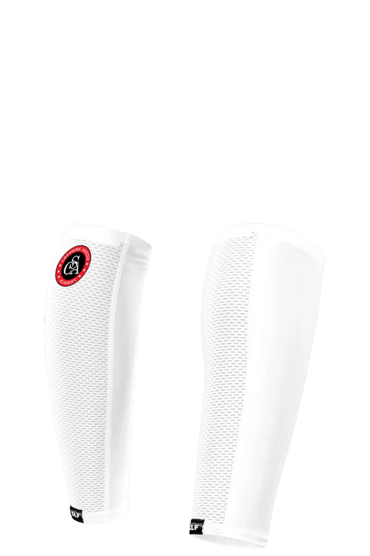 White knee sleeves with a red and black logo on a white background. Paper Street Print Co, Blairstown, NJ.