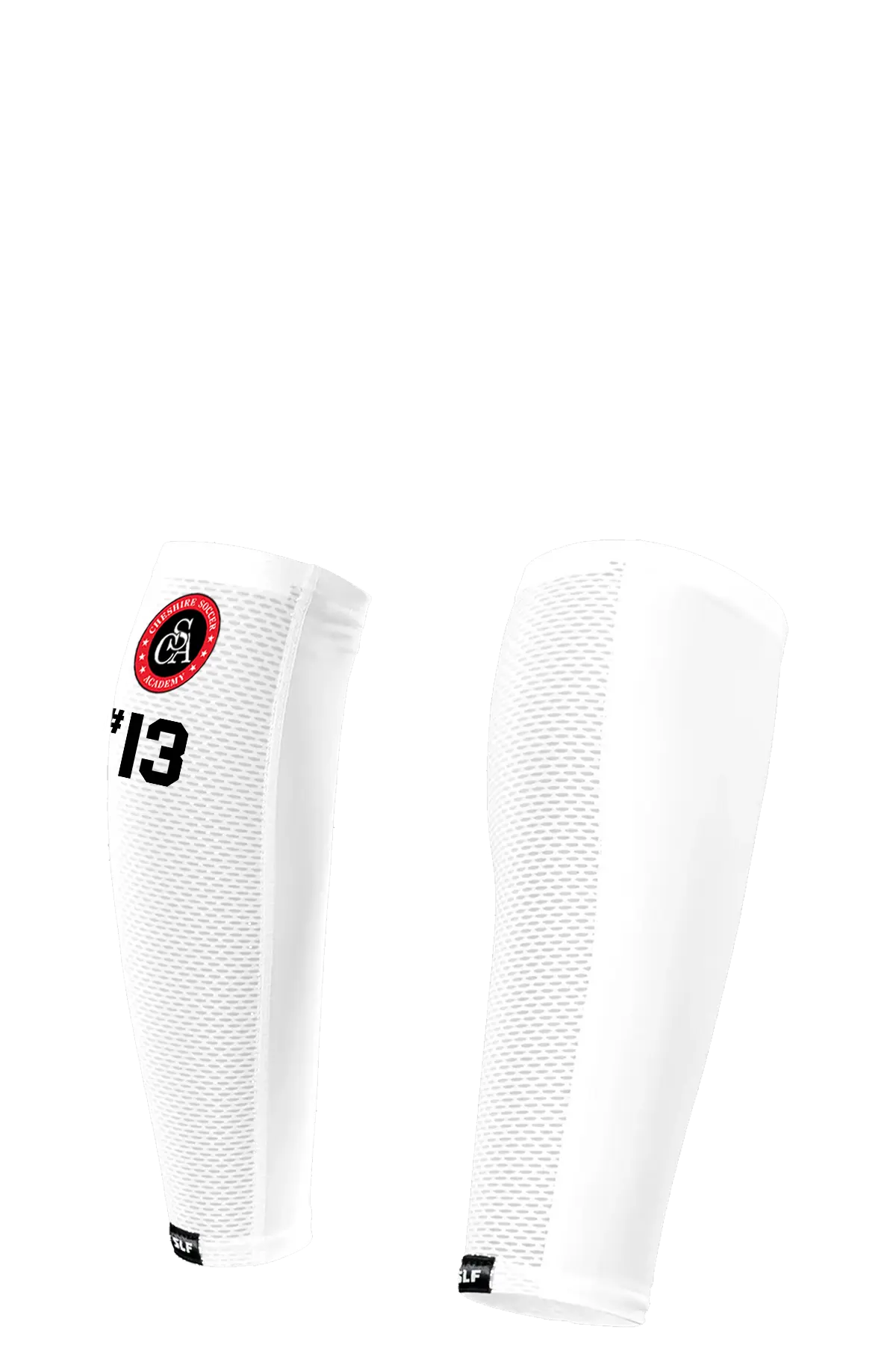 White knee sleeves with a red logo and number '13' on a white background. Paper Street Print Co, Blairstown, NJ.