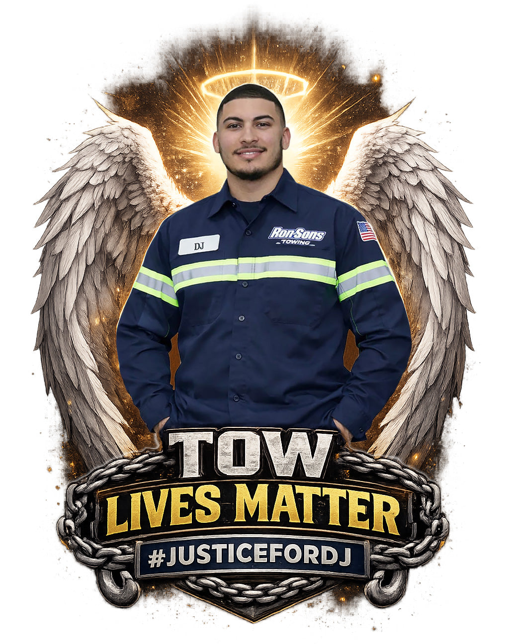 #JUSTICEFORDJ Tow Lives Matter - DJ Ortiz with angel wings. Paper Street Print Co, Blairstown, NJ.