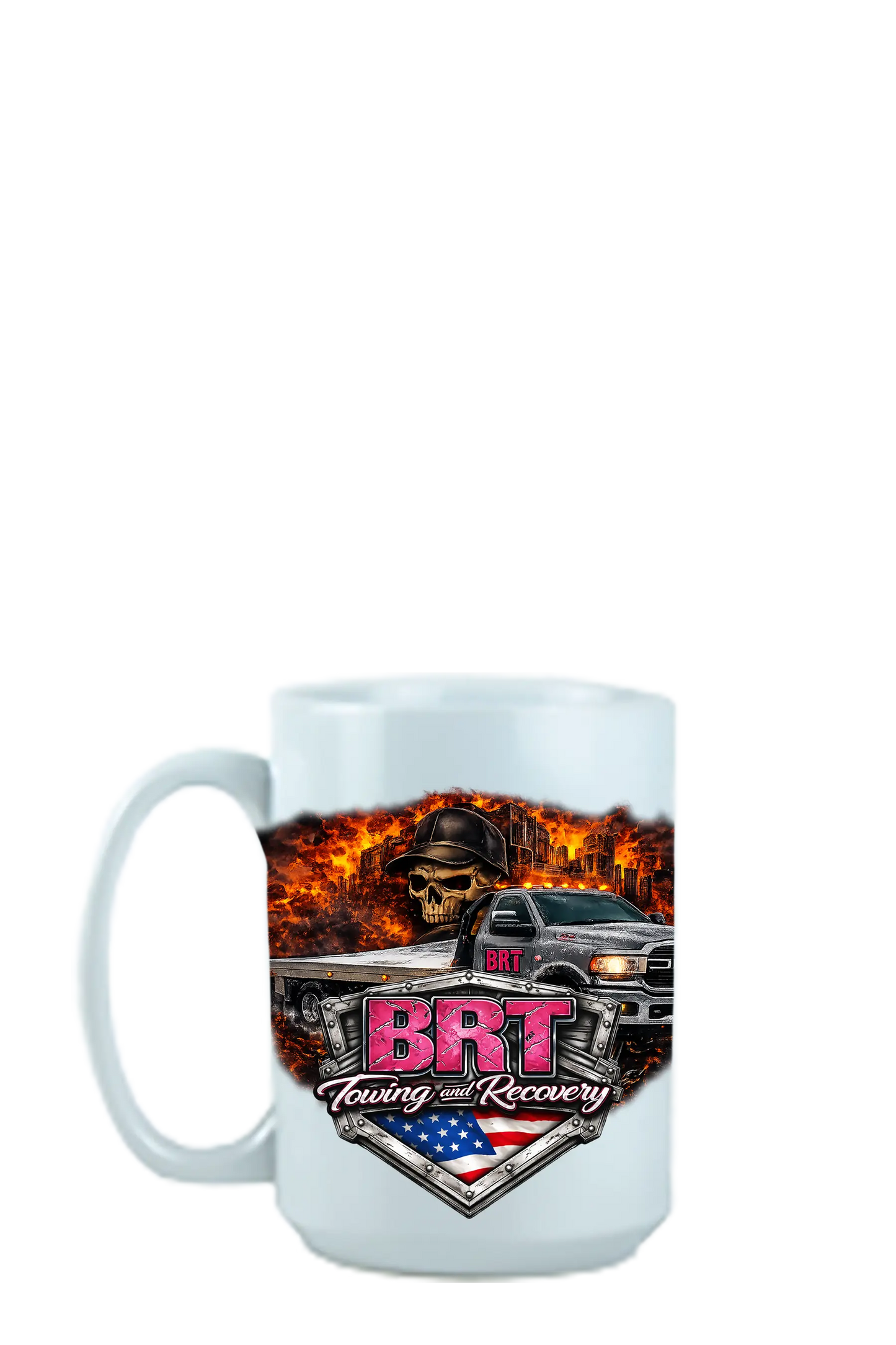 White mug with BRT Towing and Recovery logo and truck graphic on a white background. BRT Towing and Recovery, Paper Street Print Co, Blairstown, NJ.