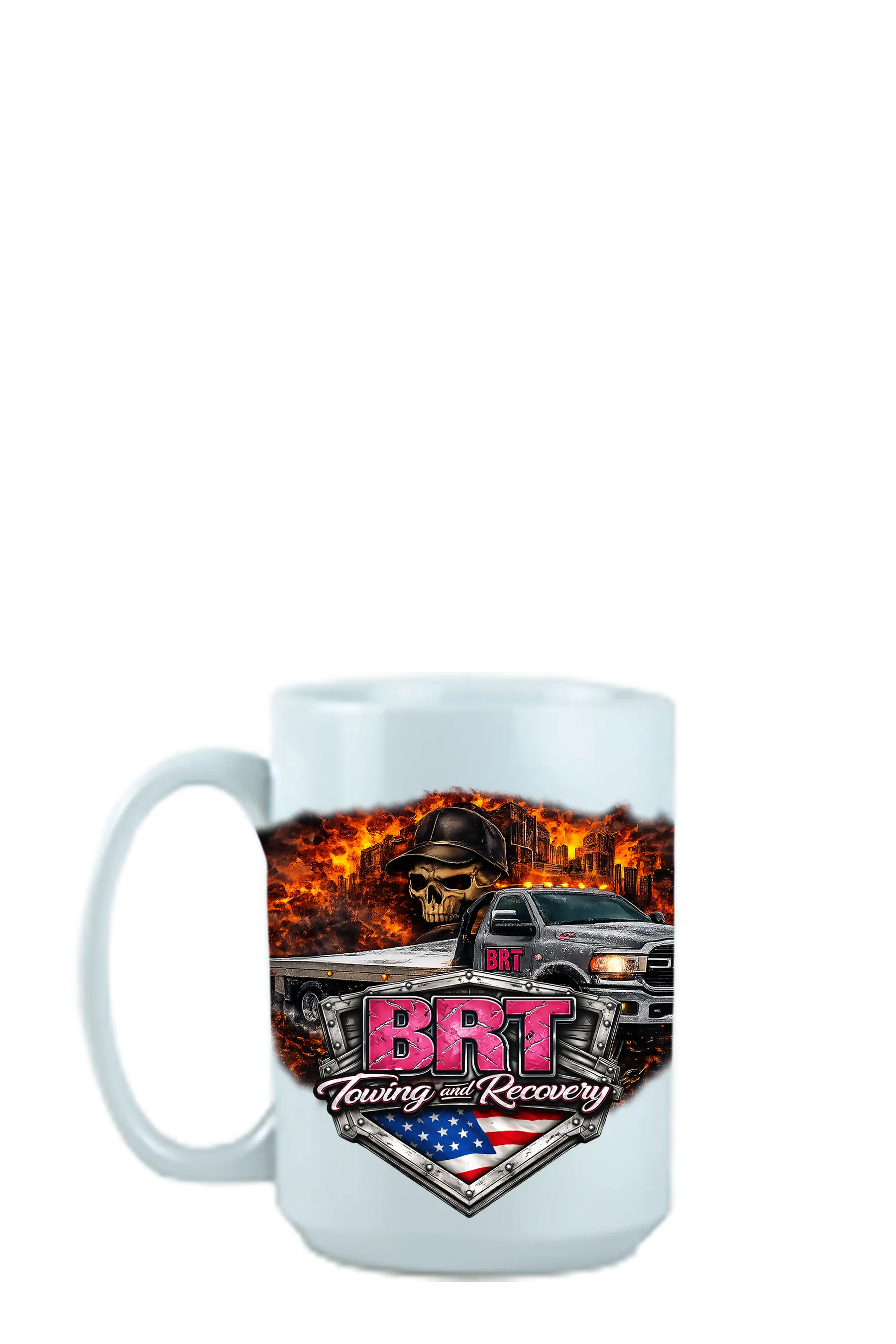 White mug with BRT Towing and Recovery logo and truck graphic on a white background. BRT Towing and Recovery, Paper Street Print Co, Blairstown, NJ.