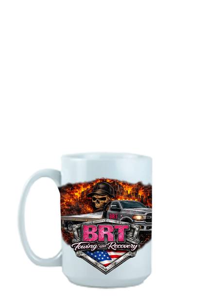 White mug with BRT Towing and Recovery logo and truck graphic on a white background. BRT Towing and Recovery, Paper Street Print Co, Blairstown, NJ.