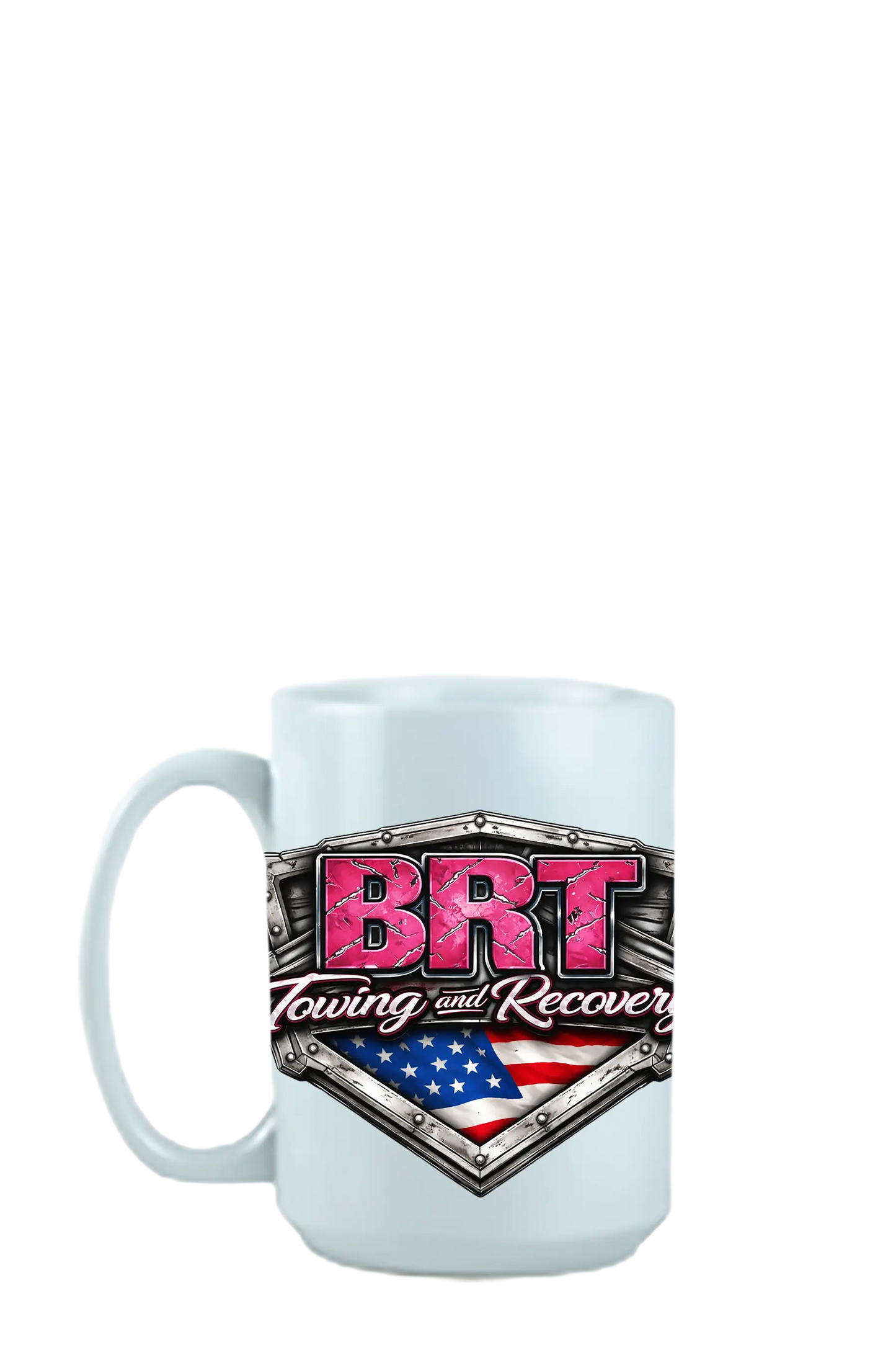 White mug with BRT Towing and Recovery logo featuring a pink 'BRT' and American flag design on a white background. BRT Towing and Recovery, Paper Street Print Co, Blairstown, NJ.