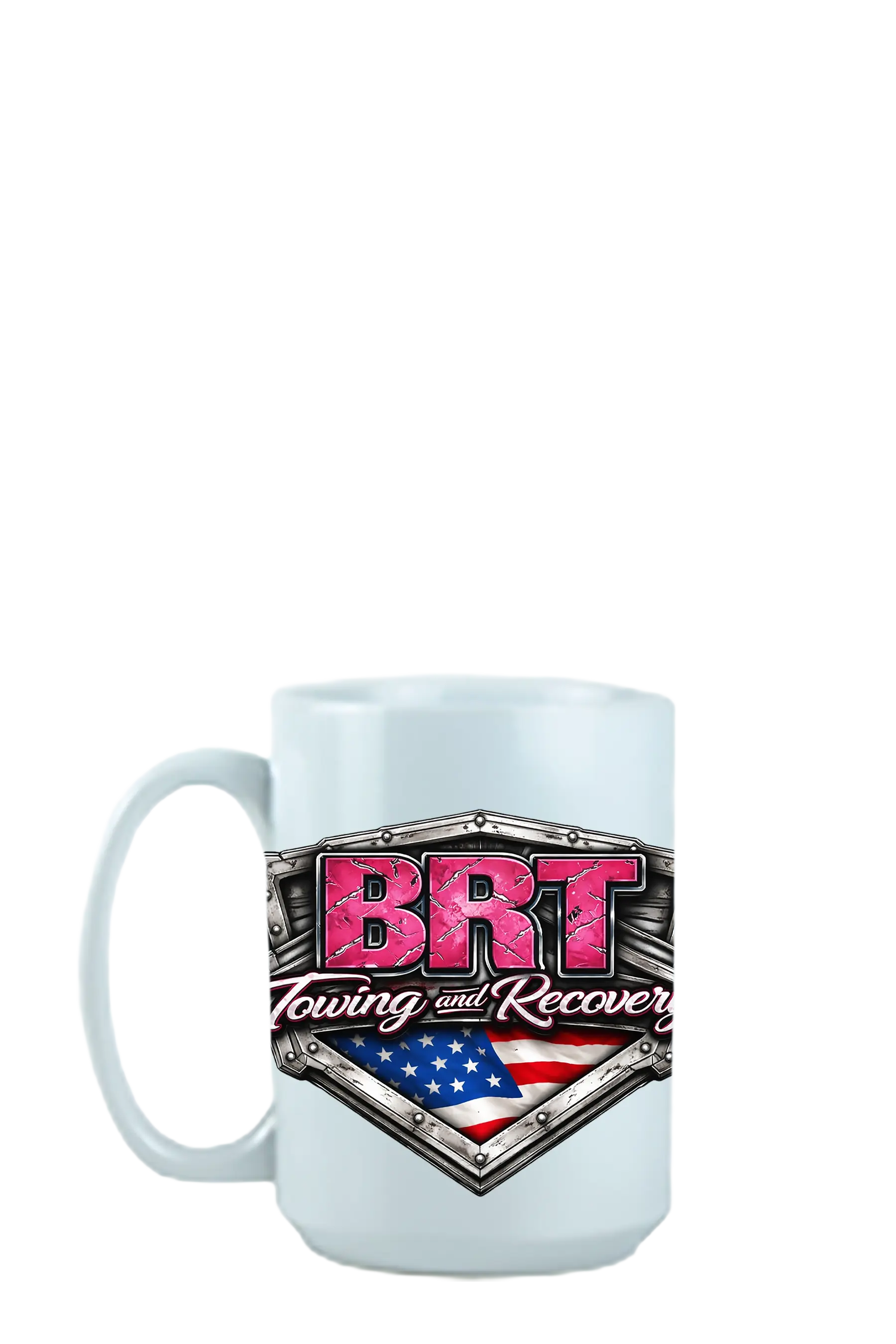 White mug with BRT Towing and Recovery logo featuring a pink 'BRT' and American flag design on a white background. BRT Towing and Recovery, Paper Street Print Co, Blairstown, NJ.