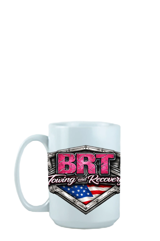 White mug with BRT Towing and Recovery logo featuring a pink 'BRT' and American flag design on a white background. BRT Towing and Recovery, Paper Street Print Co, Blairstown, NJ.