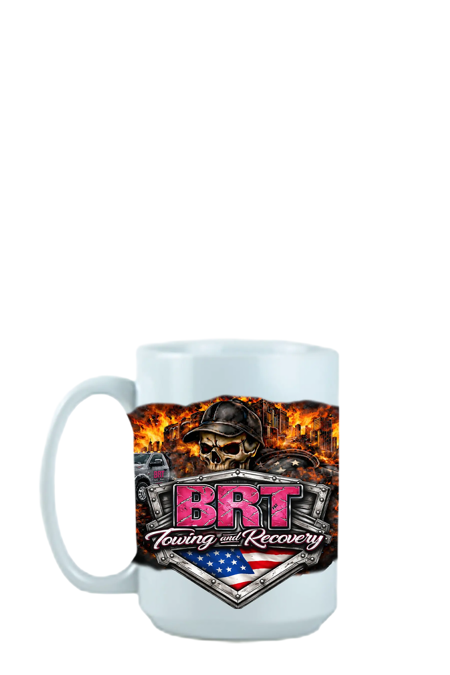 White mug with BRT Towing and Recovery logo on a white background. BRT Towing and Recovery, Paper Street Print Co, Blairstown, NJ.