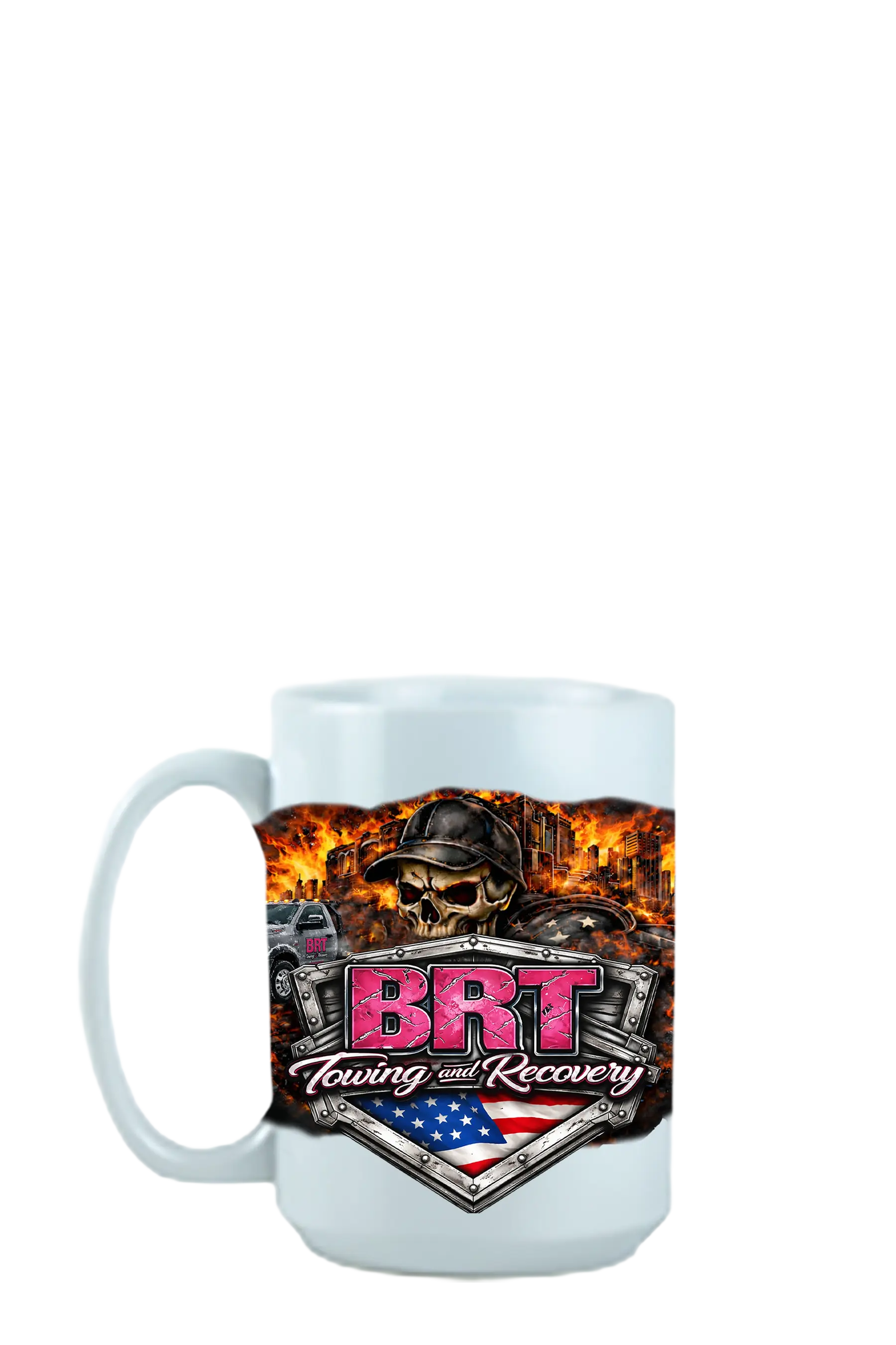 White mug with BRT Towing and Recovery logo on a white background. BRT Towing and Recovery, Paper Street Print Co, Blairstown, NJ.