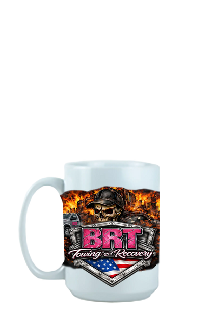 White mug with BRT Towing and Recovery logo on a white background. BRT Towing and Recovery, Paper Street Print Co, Blairstown, NJ.