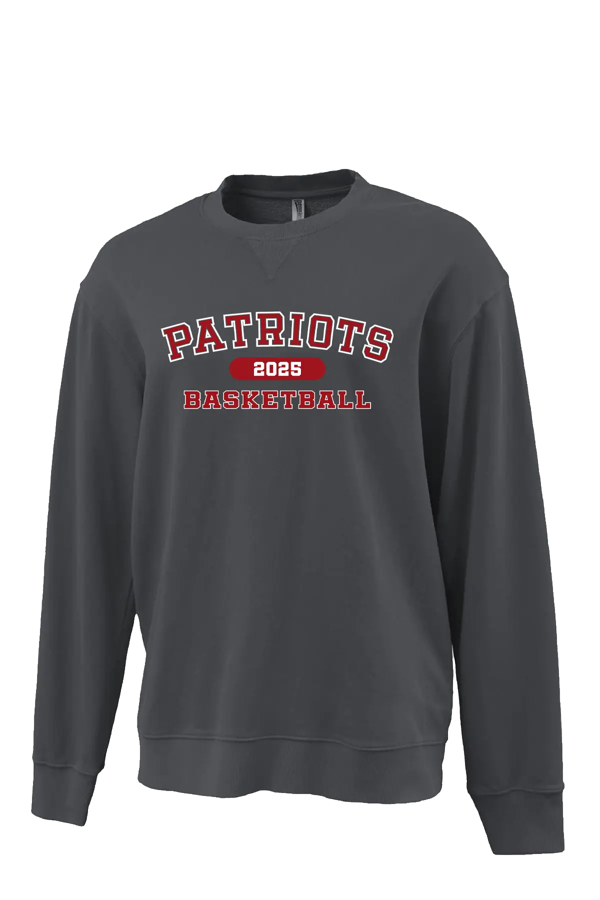 Gray sweatshirt with 'Patriots Basketball 2023' text on a white background. Paper Street Print Co, Blairstown, NJ.