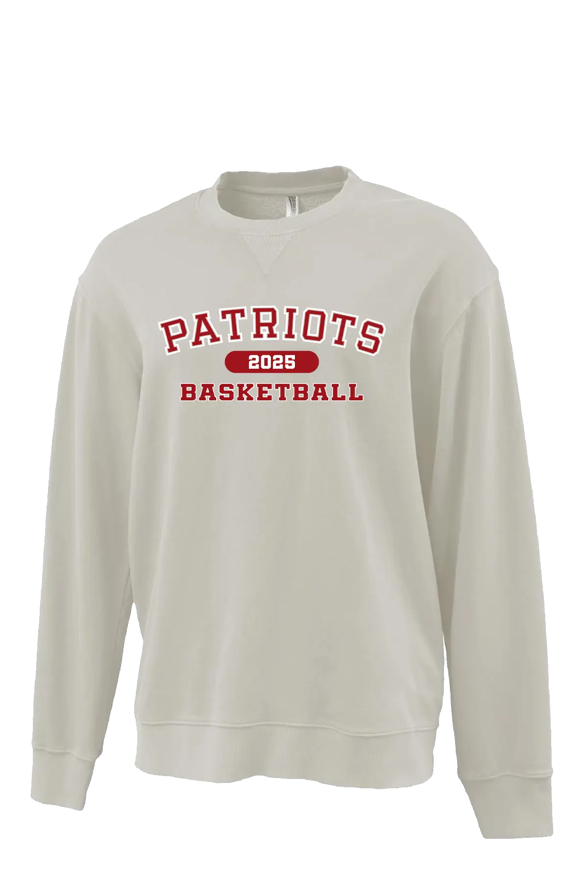 Beige sweatshirt with 'Patriots Basketball 2023' text on a white background. Paper Street Print Co, Blairstown, NJ.