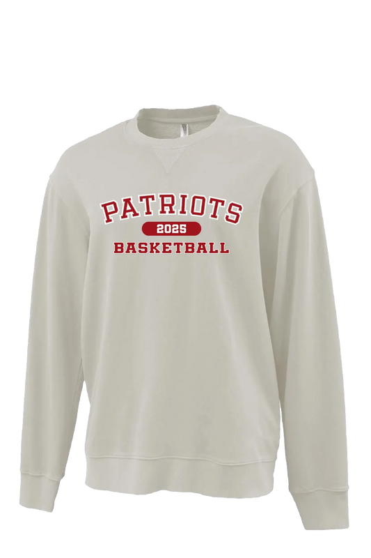 Beige sweatshirt with 'Patriots Basketball 2023' text on a white background. Paper Street Print Co, Blairstown, NJ.