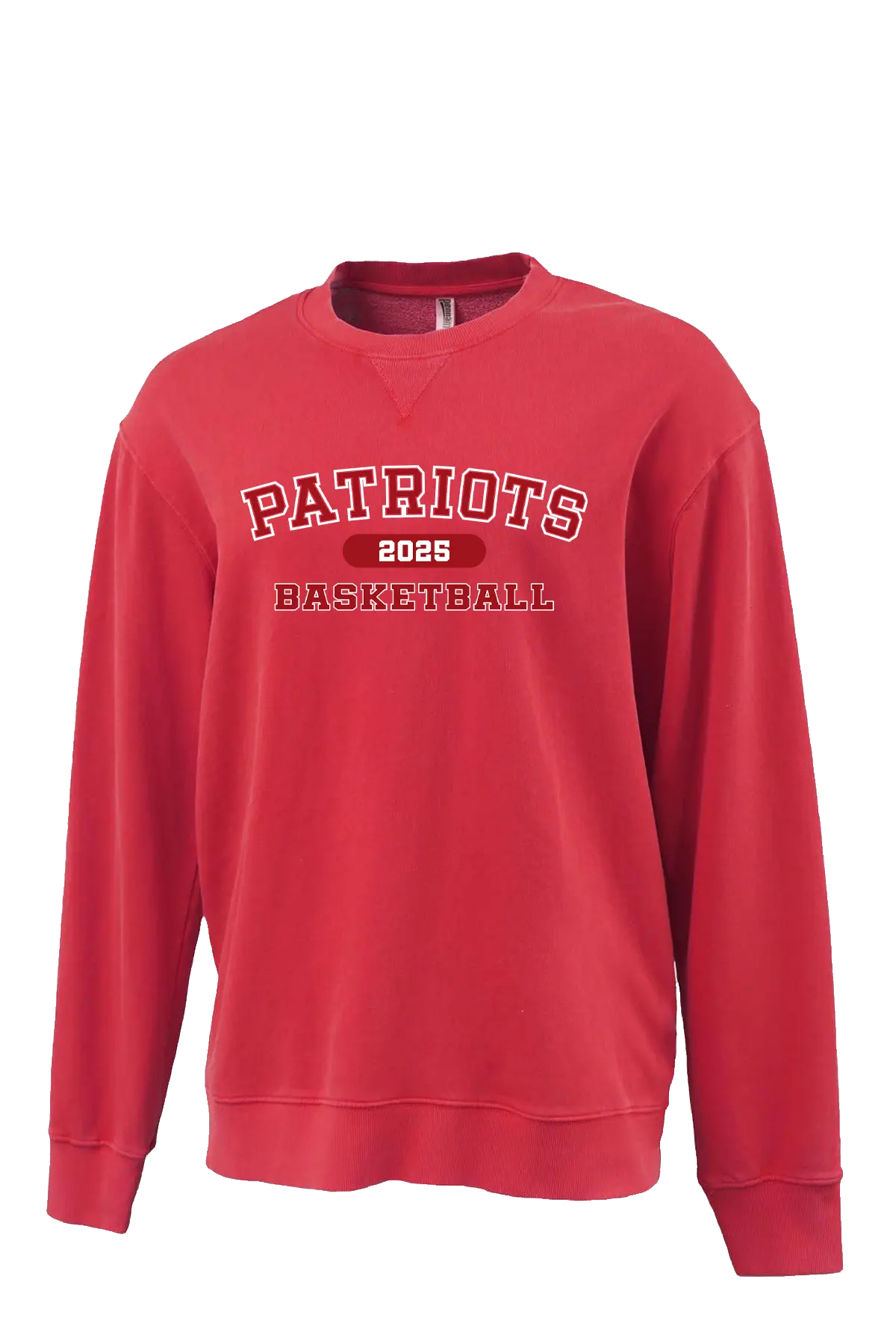 Red sweatshirt with 'Patriots Basketball 2023' text on a white background. Paper Street Print Co, Blairstown, NJ.