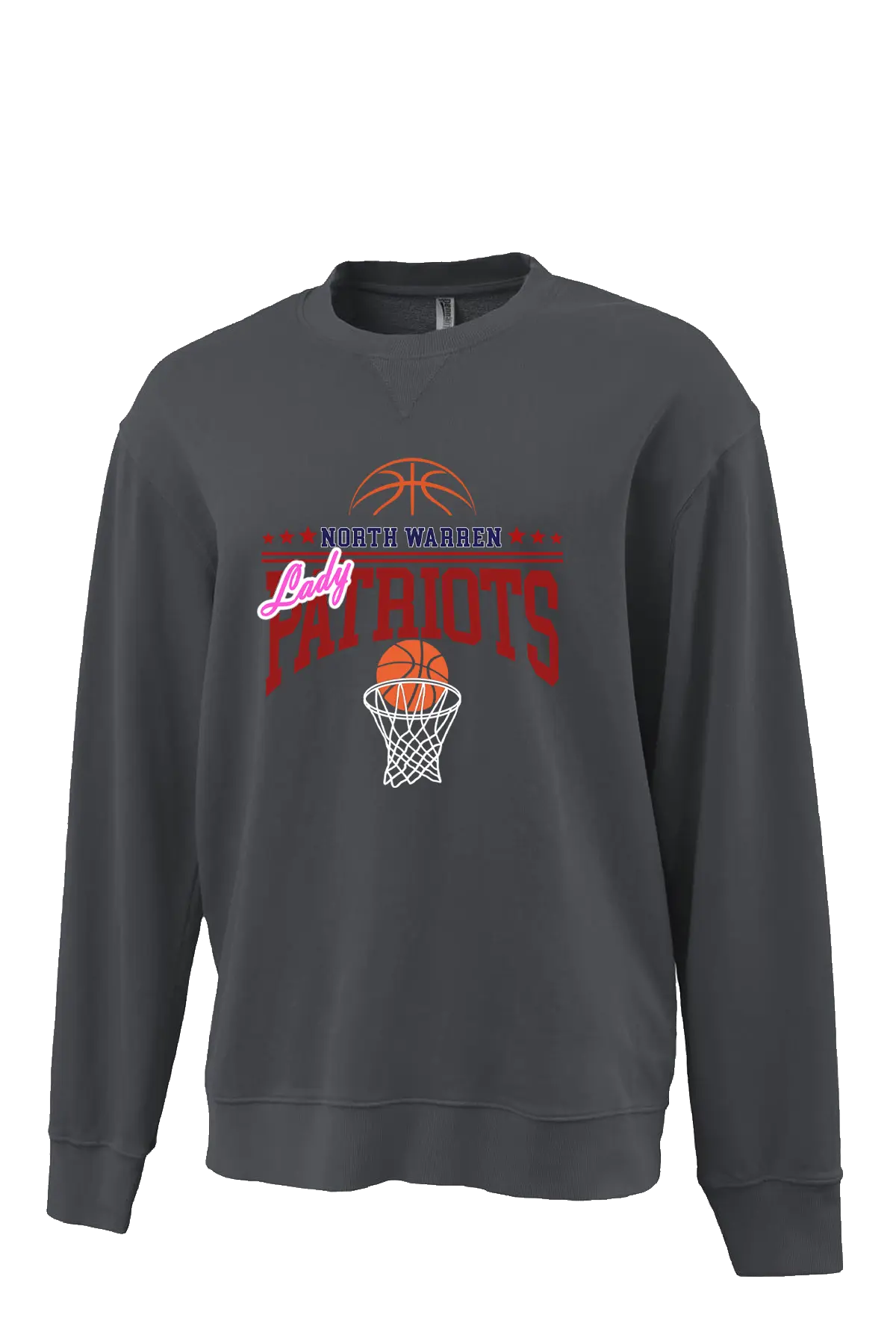 Gray sweatshirt with 'North Warren Patriots' basketball design on a white background. Paper Street Print Co, Blairstown, NJ.