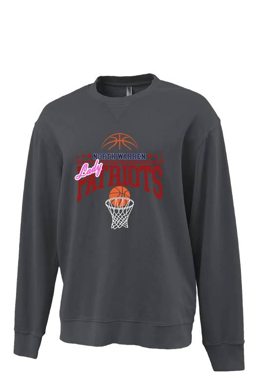 Gray sweatshirt with 'North Warren Patriots' basketball design on a white background. Paper Street Print Co, Blairstown, NJ.