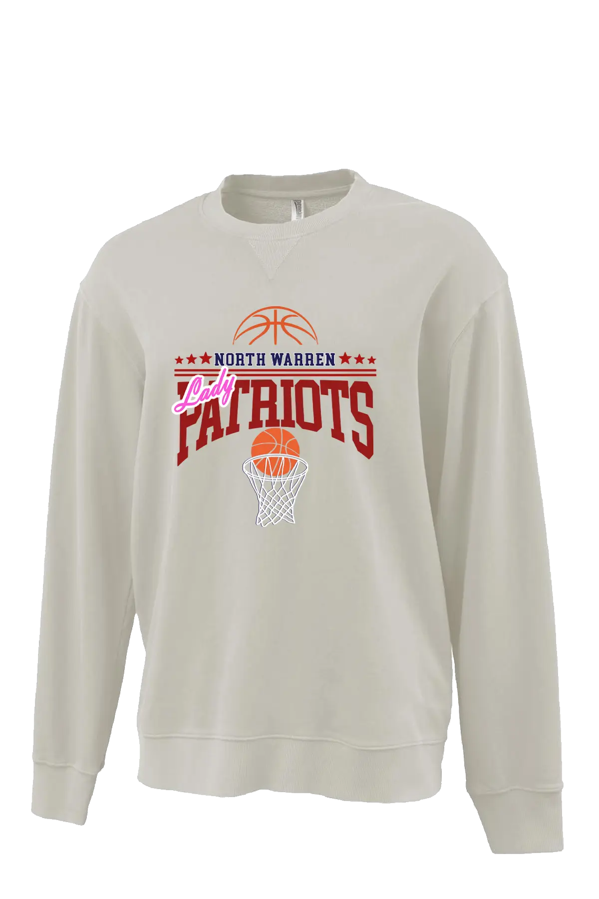 Beige sweatshirt with 'North Warren Patriots' basketball design on a white background. Paper Street Print Co, Blairstown, NJ.