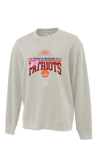 Beige sweatshirt with 'North Warren Patriots' basketball design on a white background. Paper Street Print Co, Blairstown, NJ.