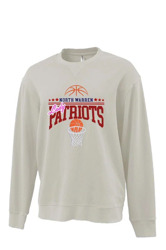 Beige sweatshirt with 'North Warren Patriots' basketball design on a white background. Paper Street Print Co, Blairstown, NJ.
