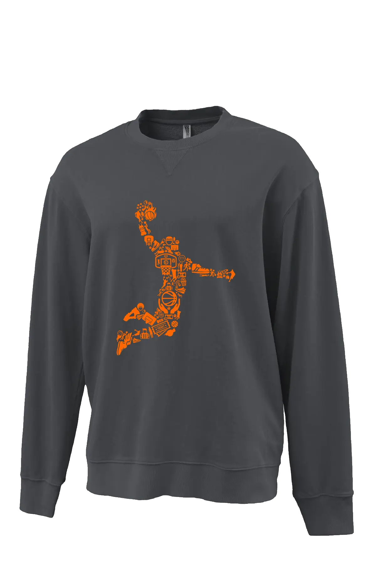 Gray sweatshirt with orange graphic design on a white background. Paper Street Print Co, Blairstown, NJ.
