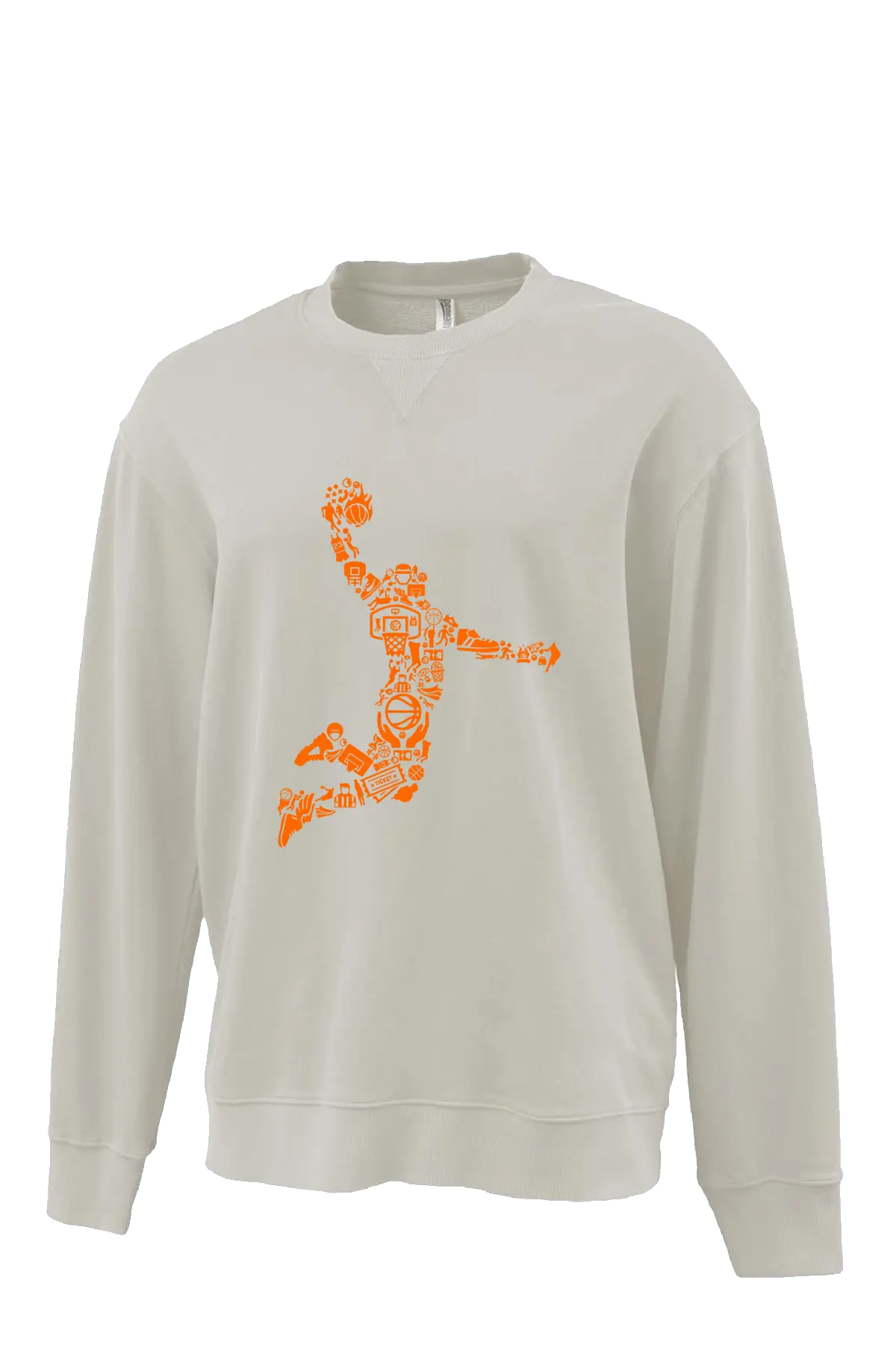 Beige sweatshirt with orange graphic design on a white background. Paper Street Print Co, Blairstown, NJ.