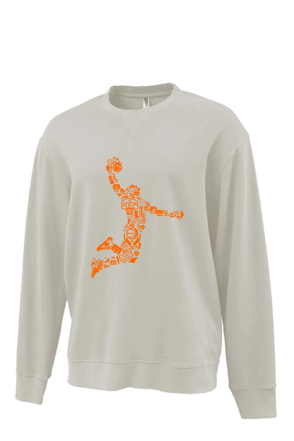 Beige sweatshirt with orange graphic design on a white background. Paper Street Print Co, Blairstown, NJ.