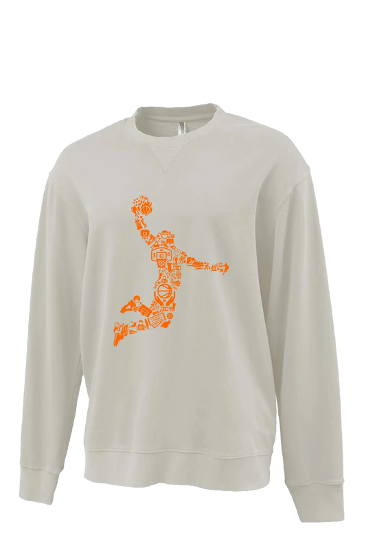 Beige sweatshirt with orange graphic design on a white background. Paper Street Print Co, Blairstown, NJ.