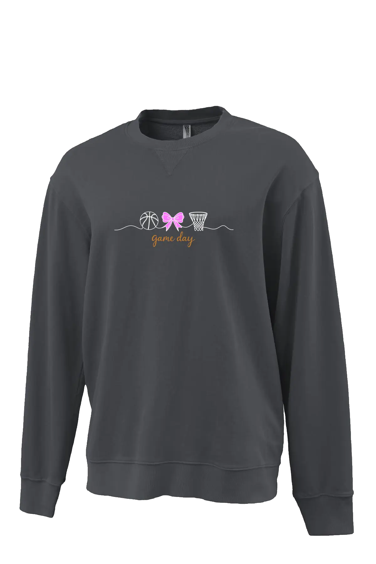 Dark gray sweatshirt with sports-themed design on a white background. Paper Street Print Co, Blairstown, NJ.