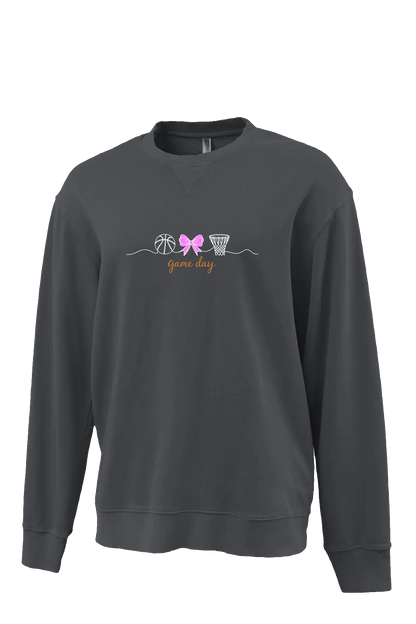 Dark gray sweatshirt with sports-themed design on a white background. Paper Street Print Co, Blairstown, NJ.
