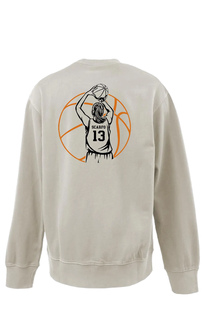 Beige sweatshirt with a graphic of a basketball player and number 13 on the back, on a white background. Paper Street Print Co, Blairstown, NJ.