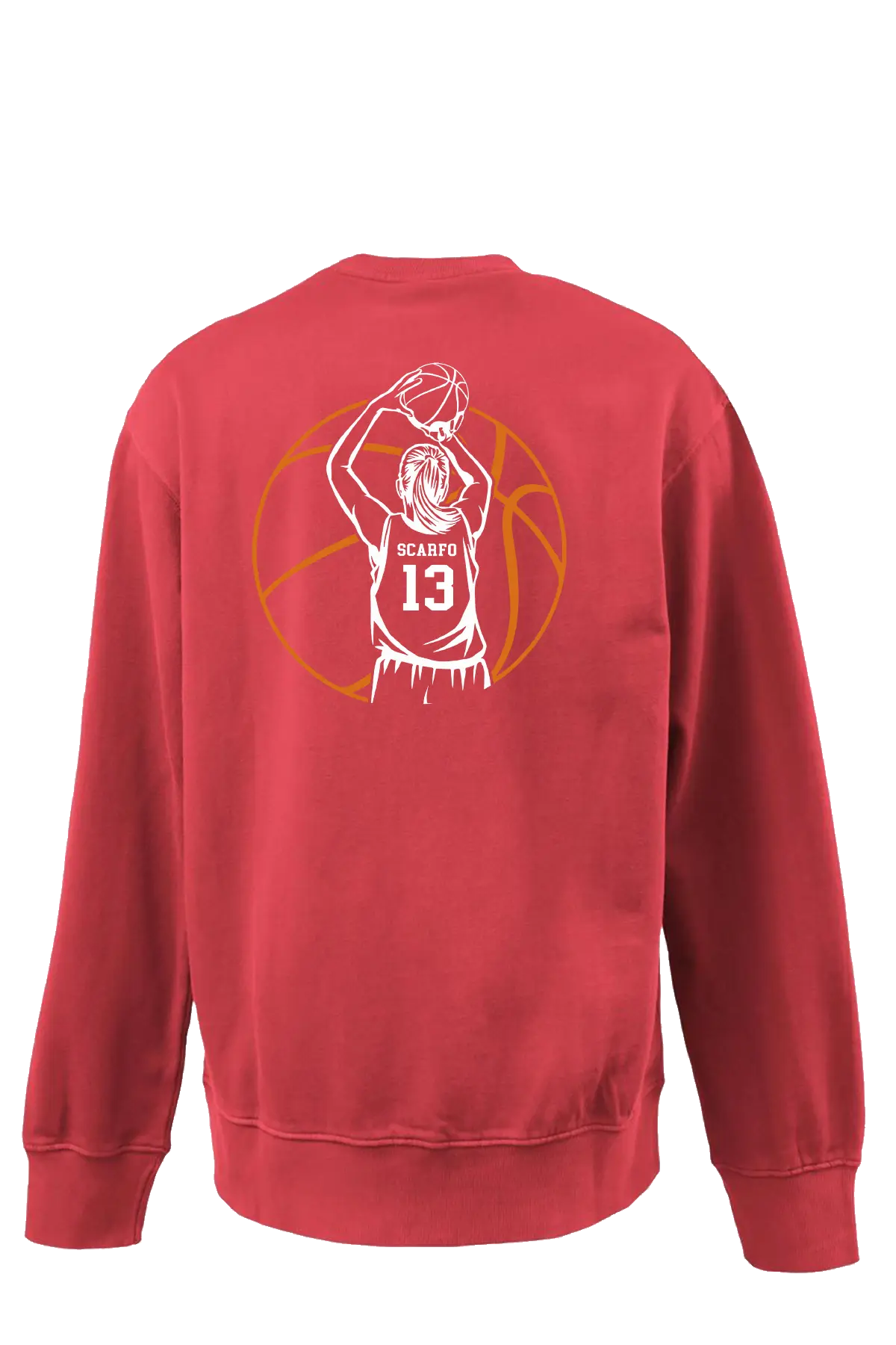 Red sweatshirt with a basketball player graphic on the back against a white background. Paper Street Print Co, Blairstown, NJ.