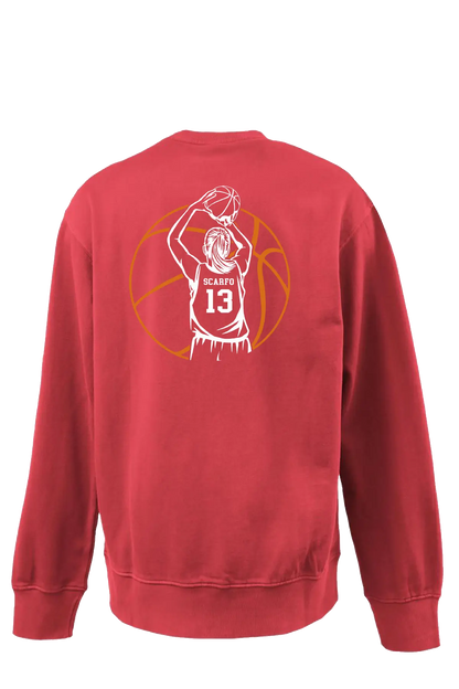 Red sweatshirt with a basketball player graphic on the back against a white background. Paper Street Print Co, Blairstown, NJ.