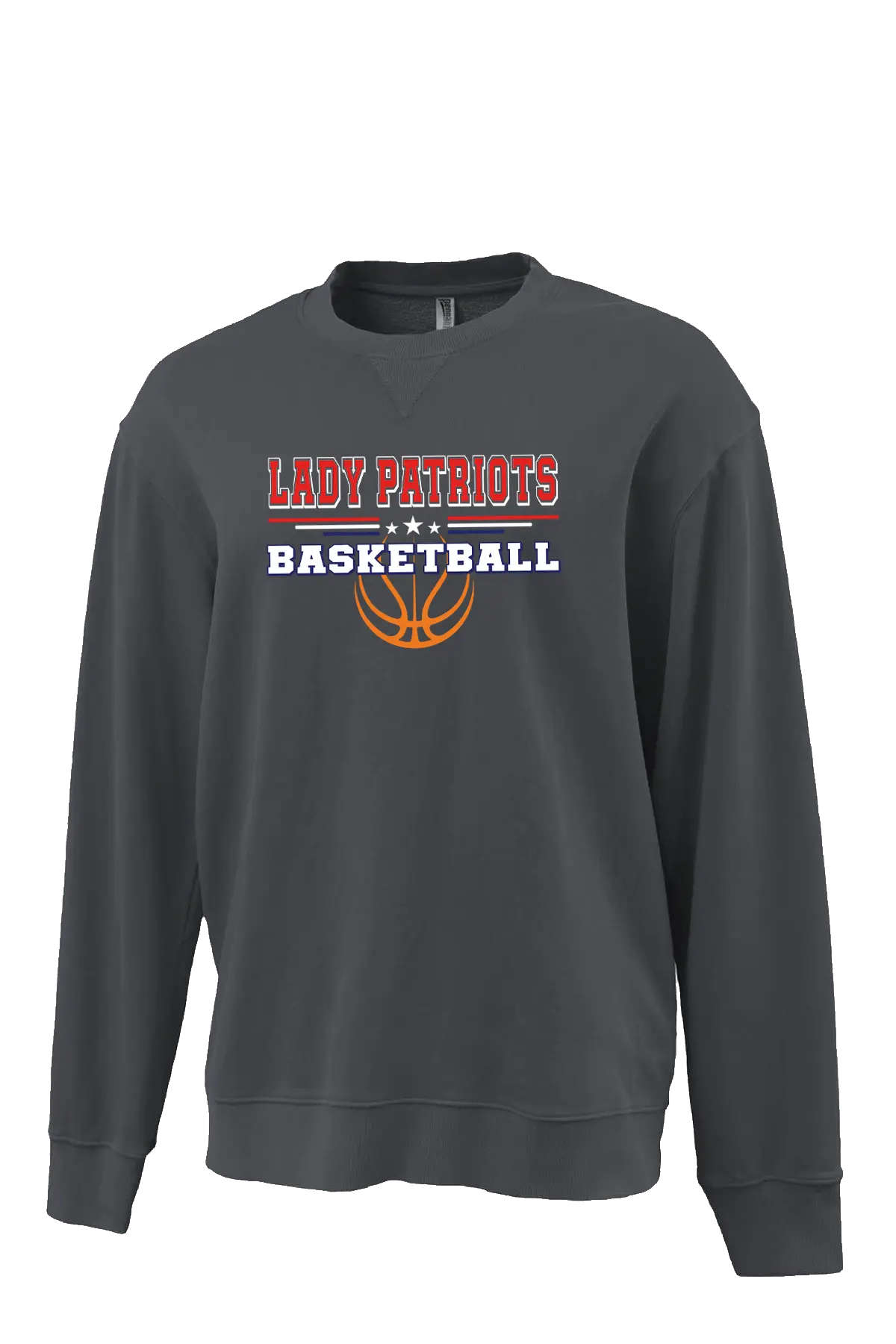 Dark gray sweatshirt with 'LADY PATRIOTS BASKETBALL' text and basketball graphic on a white background. Paper Street Print Co, Blairstown, NJ.