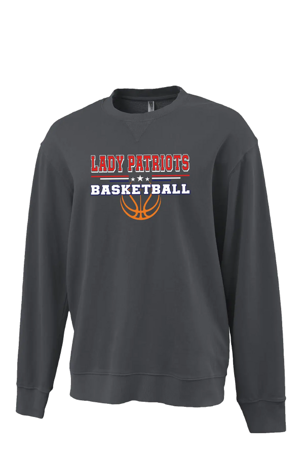 Dark gray sweatshirt with 'LADY PATRIOTS BASKETBALL' text and basketball graphic on a white background. Paper Street Print Co, Blairstown, NJ.