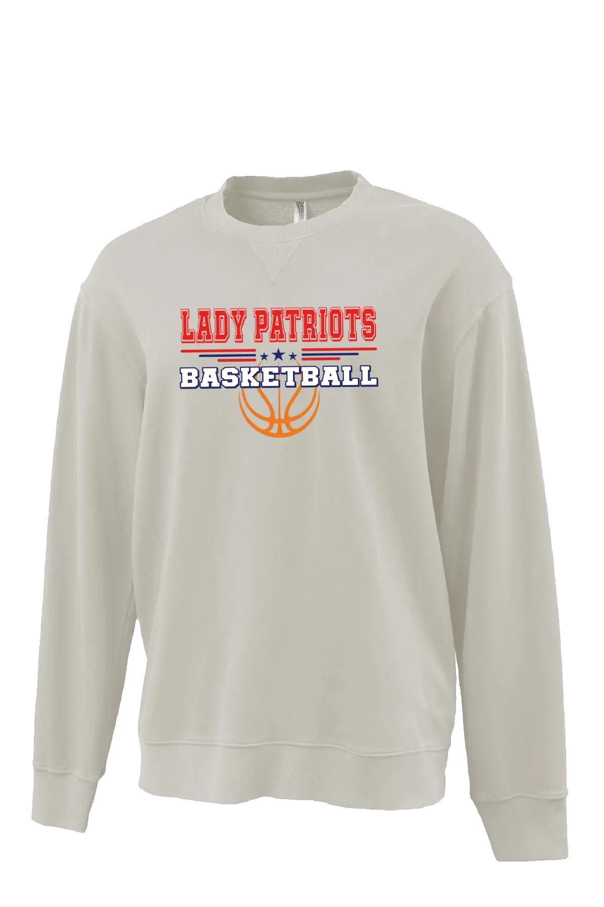 Beige sweatshirt with 'Lady Patriots Basketball' text and basketball graphic on a white background. Paper Street Print Co, Blairstown, NJ.
