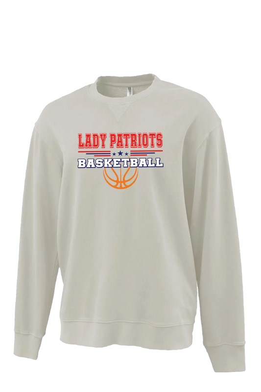 Beige sweatshirt with 'Lady Patriots Basketball' text and basketball graphic on a white background. Paper Street Print Co, Blairstown, NJ.