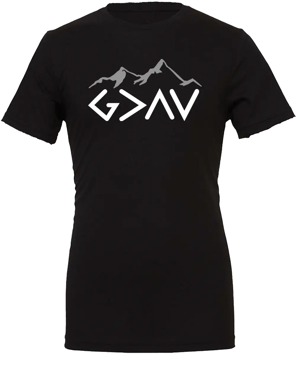 Black t-shirt with white mountain graphic and "God is Greater Than My Highs and My Lows - G>^V". Paper Street Print Co, Blairstown, NJ.