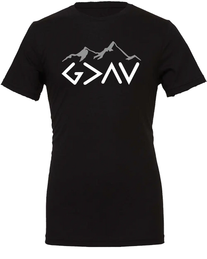Black t-shirt with white mountain graphic and "God is Greater Than My Highs and My Lows - G>^V". Paper Street Print Co, Blairstown, NJ.