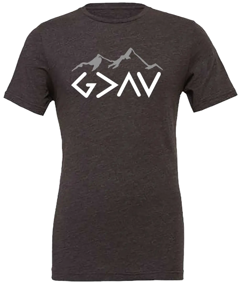 Dark gray t-shirt with mountain graphic and "God is Greater Than My Highs and My Lows - G>^V". Paper Street Print Co, Blairstown, NJ.